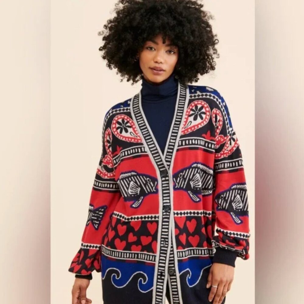 FARM Rio Navy Mixed Prints Fish Knit Cardigan Size L